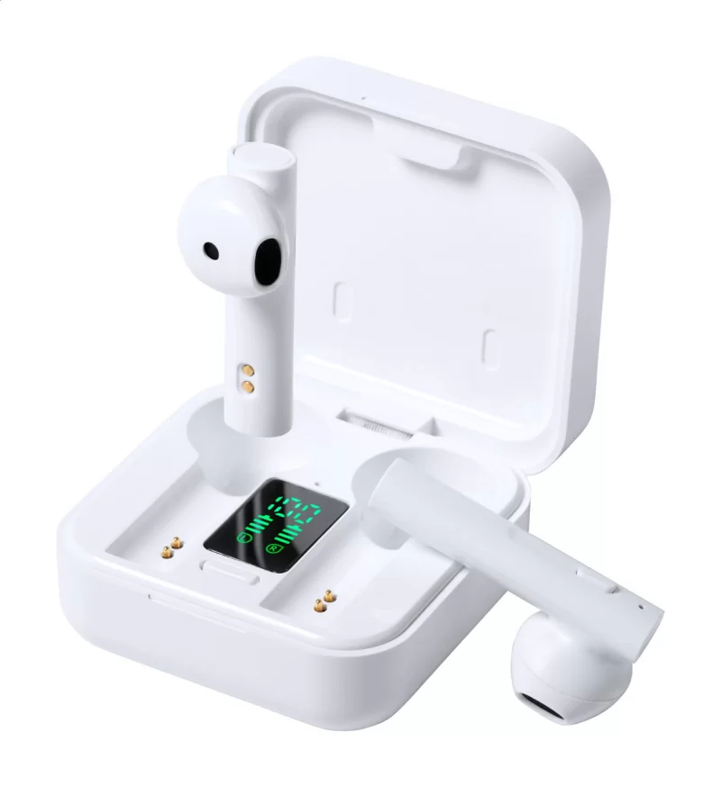 bezdrátová sluchátka bílá s potiskem loga