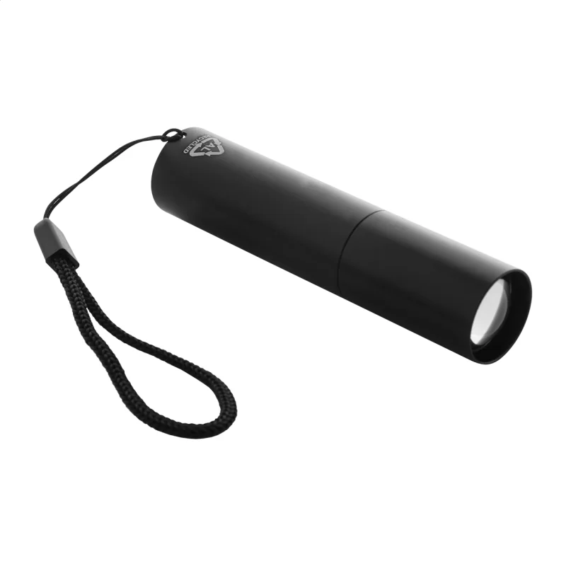 dobíjecí svítilna z recyklovaného hliníku černá — reklamní předmět s vlastním potiskem dobíjecí svítilna z recyklovaného hliníku černá s potiskem loga