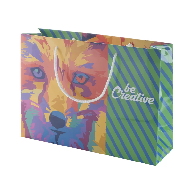 horizontální papírová nákupní taška na zakázku bílá s potiskem loga