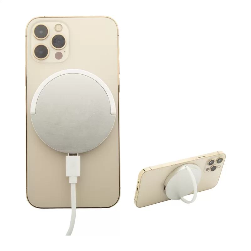 magnetická bezdrátová nabíječka stříbrná — reklamní předmět s vlastním potiskem magnetická bezdrátová nabíječka stříbrná s potiskem loga