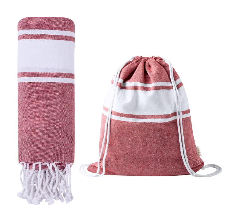 plážová osuška a vak na stahování červená s potiskem loga