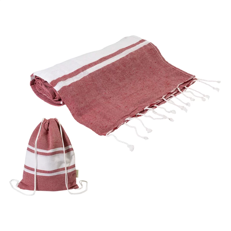 plážový ručník z recyklované bavlny a taška se stahovací šňůrkou červená s potiskem loga