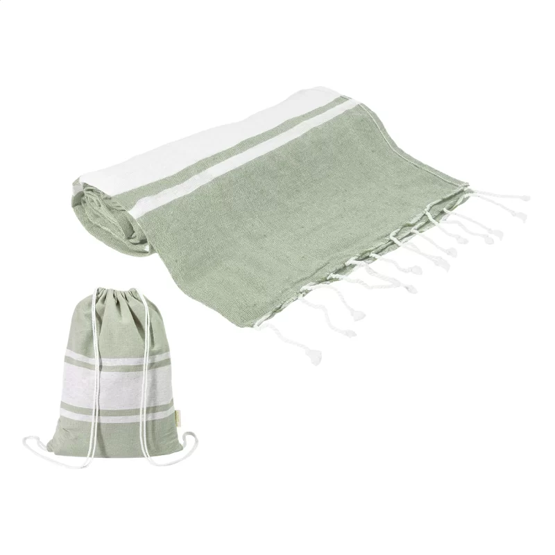 plážový ručník z recyklované bavlny a taška se stahovací šňůrkou zelená s potiskem loga