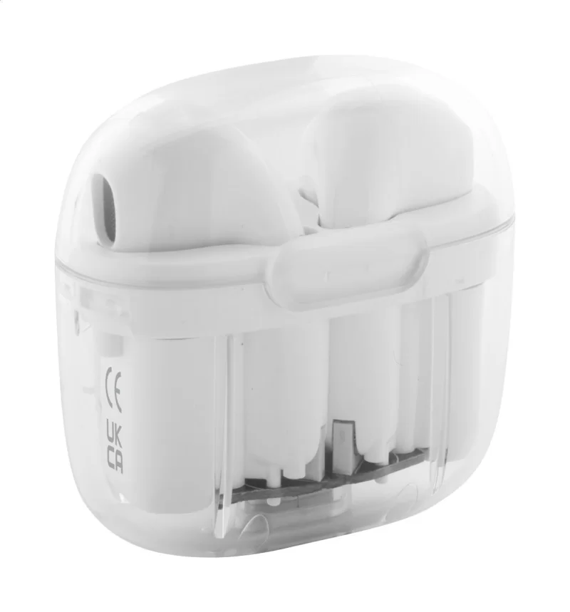 Průhledná bezdrátová sluchátka RABS bílá s potiskem loga