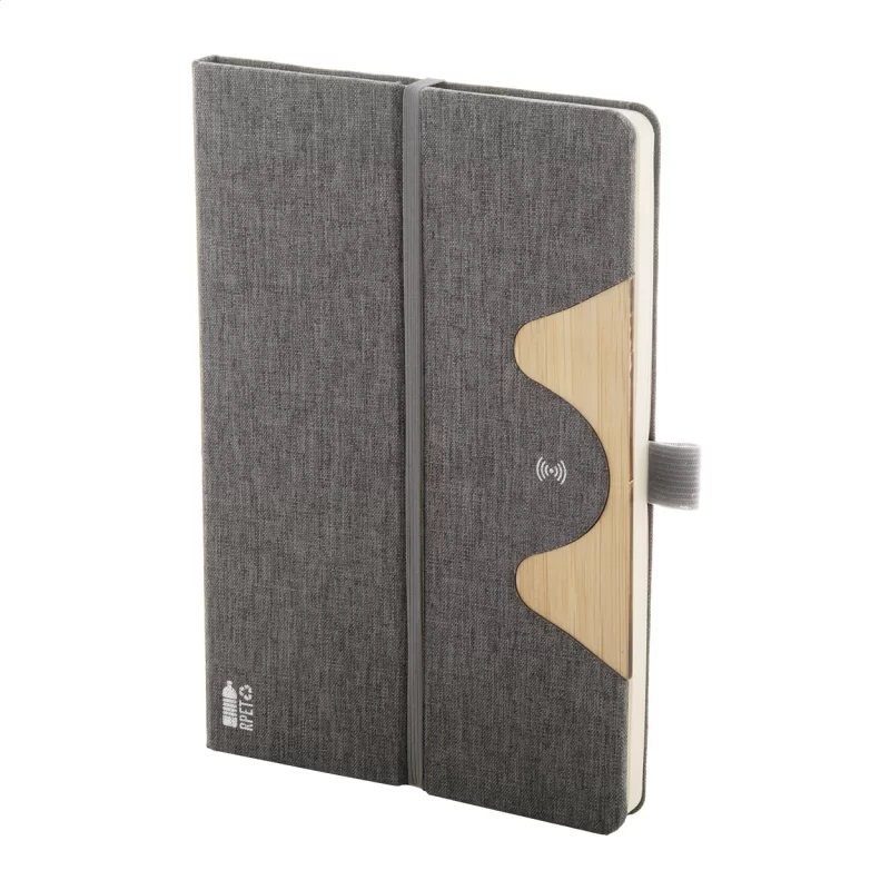 RPET blok s bezdrátovou nabíječkou šedá s potiskem loga