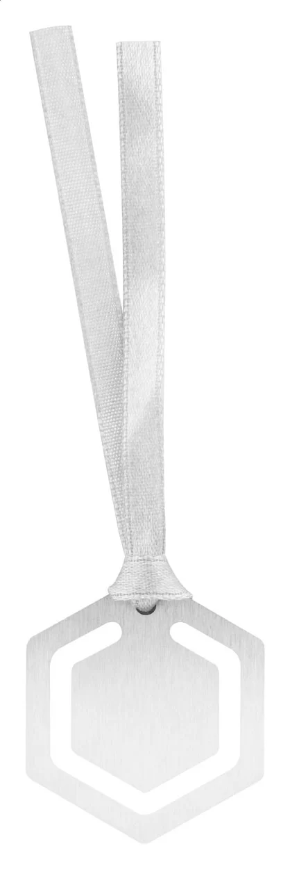 šestiúhelník záložka do knihy stříbrná s potiskem loga