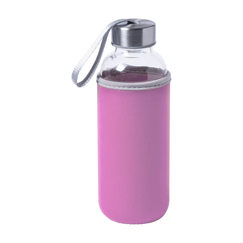 skleněná láhev růžová s potiskem loga