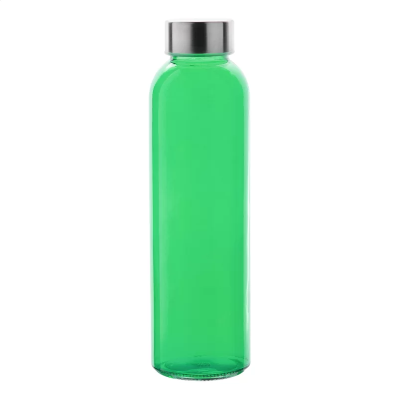 skleněná láhev zelená s potiskem loga