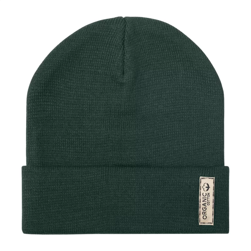 zimní čepice z organické bavlny tmavě zelená s potiskem loga