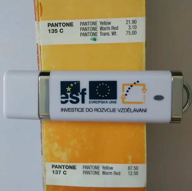 plastové flash disky CP11 s potiskem EU / ESF - Ukázka barevného potisku plastového USB CP11, foto vzorku před výrobou se vzorní...
