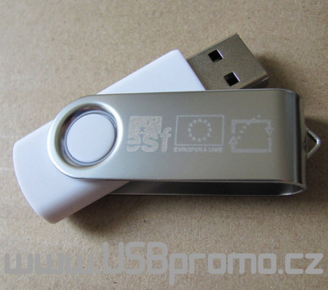 USB flash disk s otočou kovovou krytkou, 4GB skladem v ČR, plast v různých barvách, pro reklamní potisk