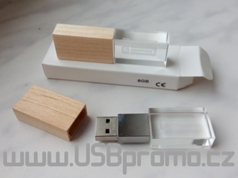 Reklamní USB disky s LED a svítícím logem, kombinace dřevo+kov+sklo